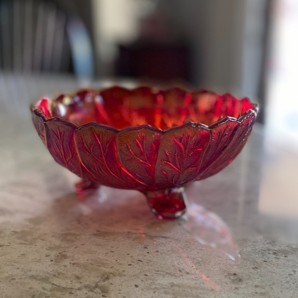 SUNSET RUBY~IRIDESCENT CARNIVAL GLASS~3 TOED BOWL~CANDY DISH~LATE 1960’s~G12
